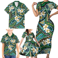 Polynesian Hibiscus Tropical Green Floral Family Matching Short Sleeve Bodycon Dress and Hawaiian Shirt Tribal Pattern - Polynesian Pride