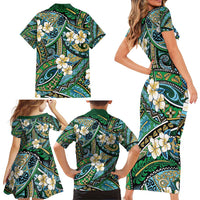 Polynesian Hibiscus Tropical Green Floral Family Matching Short Sleeve Bodycon Dress and Hawaiian Shirt Tribal Pattern - Polynesian Pride
