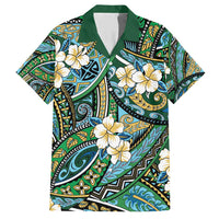 Polynesian Hibiscus Tropical Green Floral Family Matching Short Sleeve Bodycon Dress and Hawaiian Shirt Tribal Pattern - Polynesian Pride