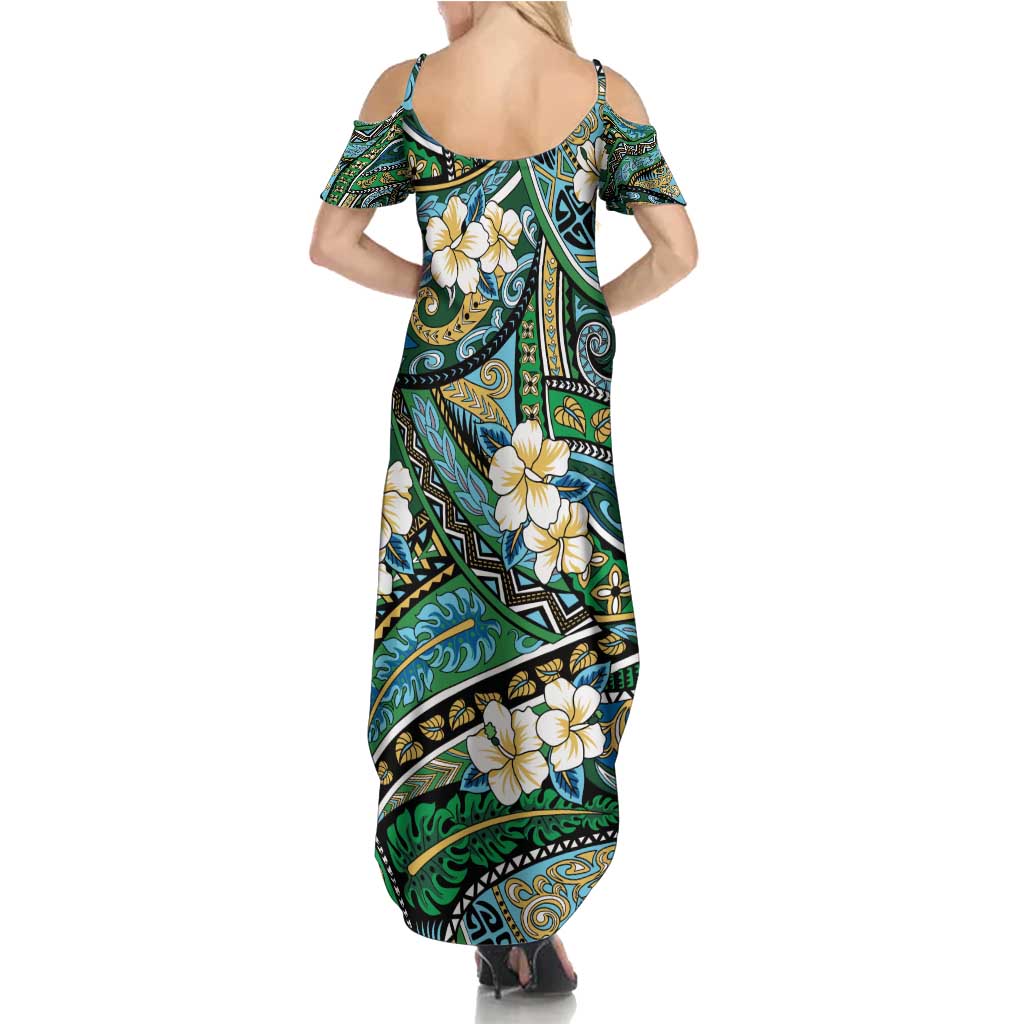 Polynesian Hibiscus Tropical Green Floral Family Matching Summer Maxi Dress and Hawaiian Shirt Tribal Pattern - Polynesian Pride