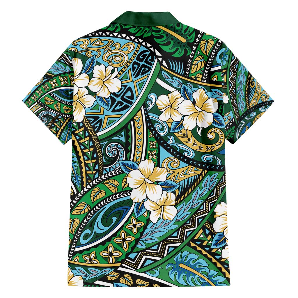 Polynesian Hibiscus Tropical Green Floral Family Matching Tank Maxi Dress and Hawaiian Shirt Tribal Pattern - Polynesian Pride