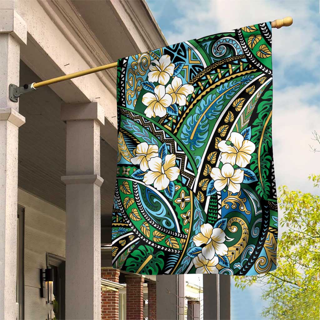Polynesian Hibiscus Tropical Green Floral Garden Flag Tribal Pattern - Polynesian Pride