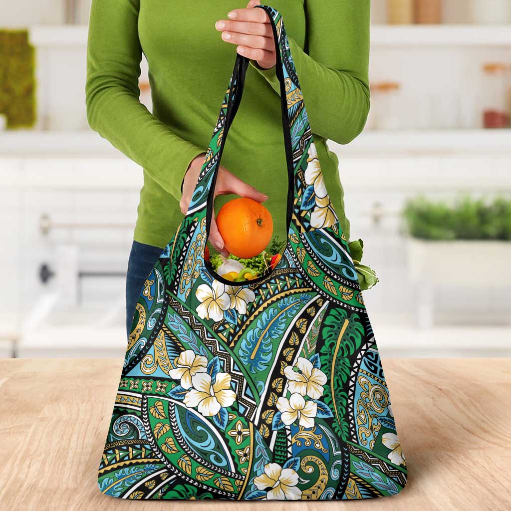 Polynesian Hibiscus Tropical Green Floral Grocery Bag Tribal Pattern - Polynesian Pride