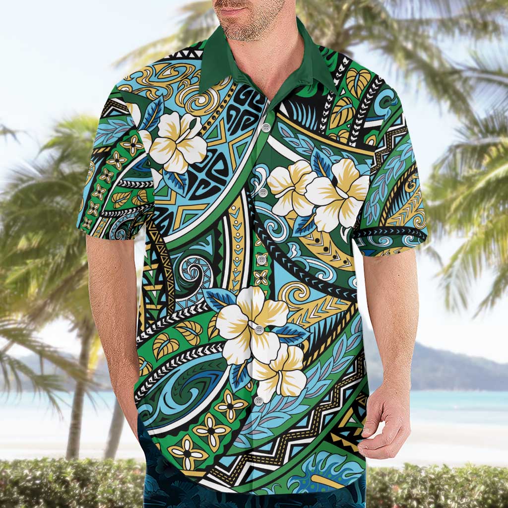 Polynesian Hibiscus Tropical Green Floral Hawaiian Shirt Tribal Pattern - Polynesian Pride