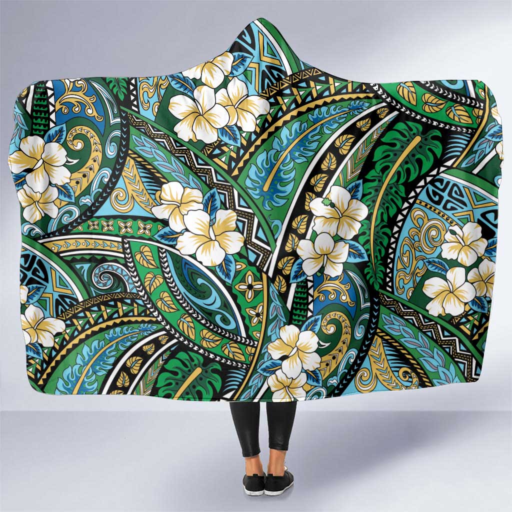 Polynesian Hibiscus Tropical Green Floral Hooded Blanket Tribal Pattern LT01 One Size Green - Polynesian Pride
