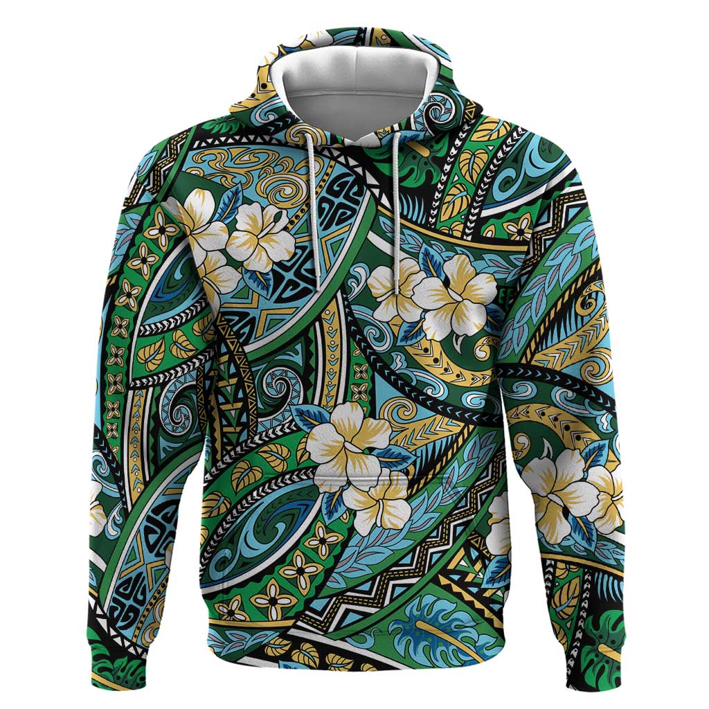 Polynesian Hibiscus Tropical Green Floral Hoodie Tribal Pattern - Polynesian Pride
