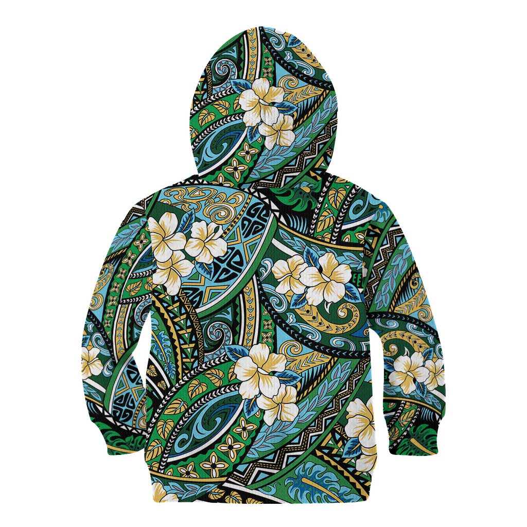 Polynesian Hibiscus Tropical Green Floral Kid Hoodie Tribal Pattern - Polynesian Pride