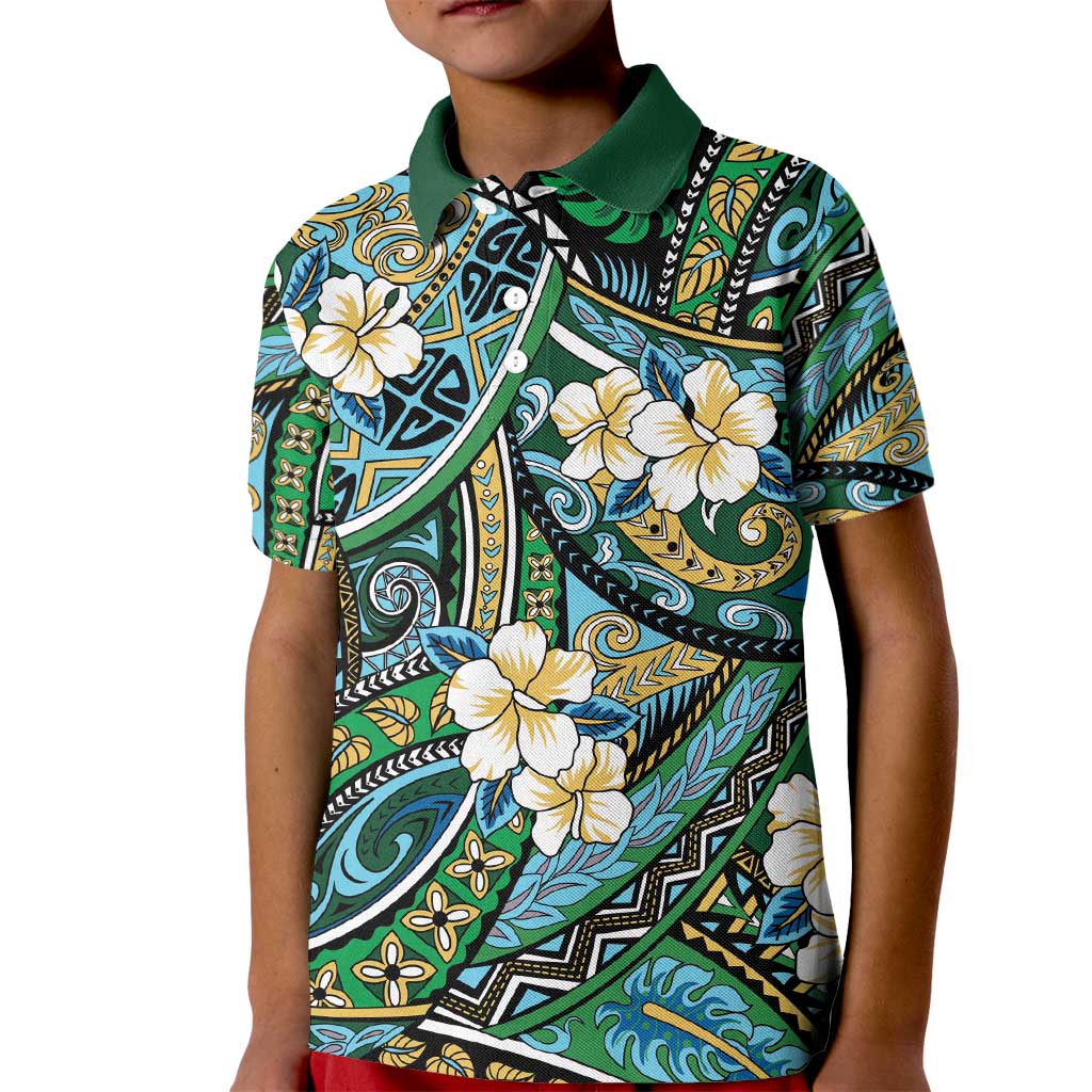 Polynesian Hibiscus Tropical Green Floral Kid Polo Shirt Tribal Pattern LT01 Kid Green - Polynesian Pride