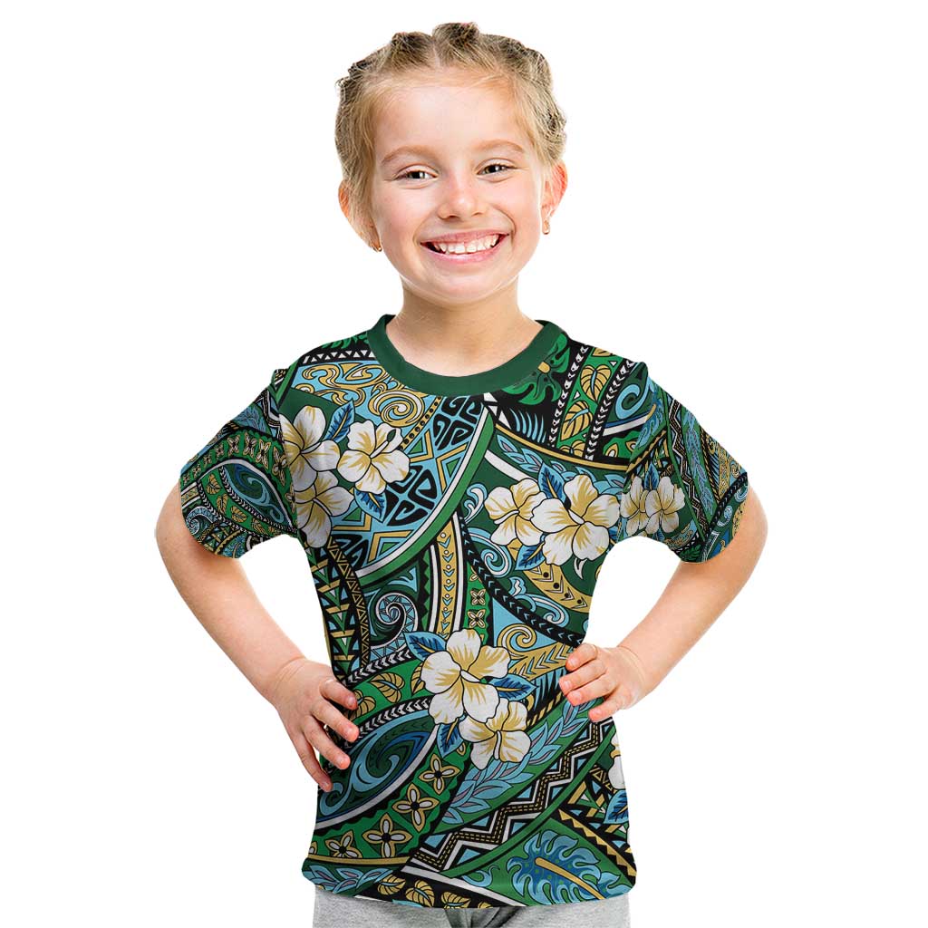 Polynesian Hibiscus Tropical Green Floral Kid T Shirt Tribal Pattern LT01 Green - Polynesian Pride