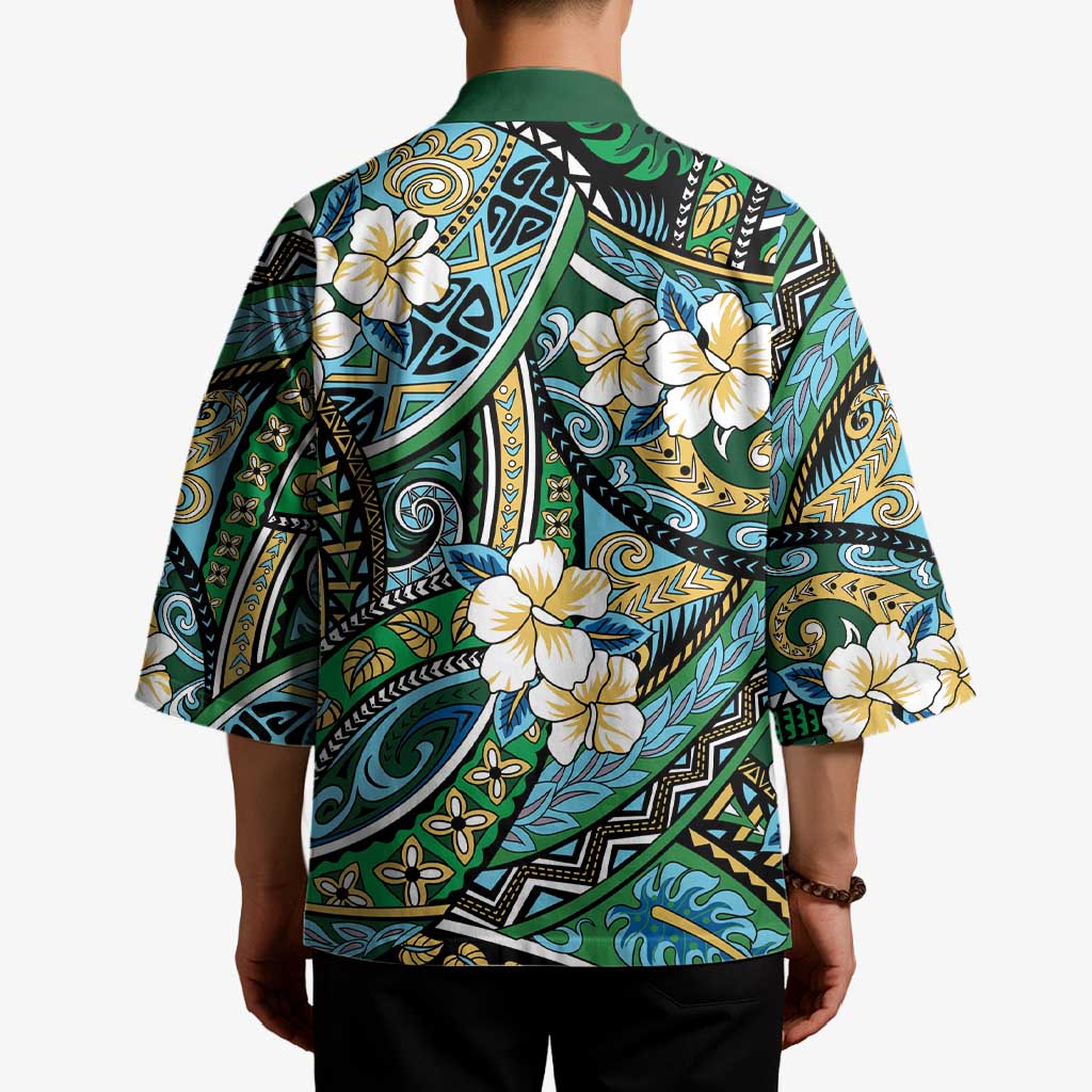 Polynesian Hibiscus Tropical Green Floral Kimono Tribal Pattern - Polynesian Pride