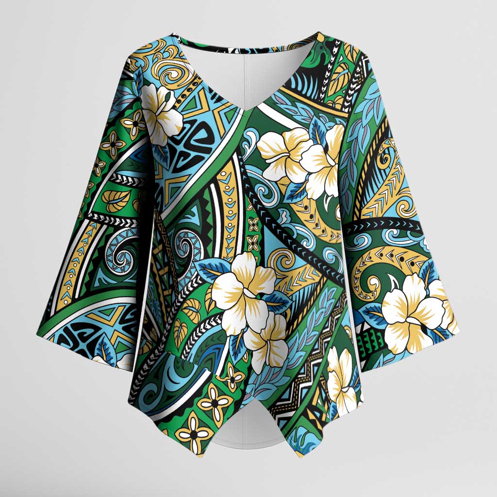 Polynesian Hibiscus Tropical Green Floral Kimono Sleeve Blouse Tribal Pattern - Polynesian Pride