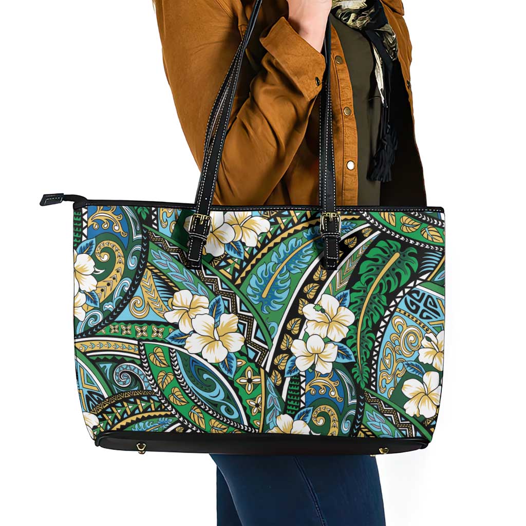 Polynesian Hibiscus Tropical Green Floral Leather Tote Bag Tribal Pattern - Polynesian Pride