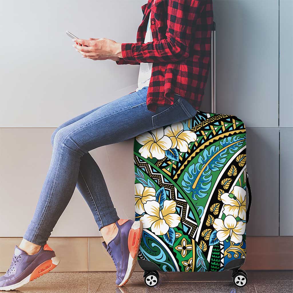 Polynesian Hibiscus Tropical Green Floral Luggage Cover Tribal Pattern - Polynesian Pride