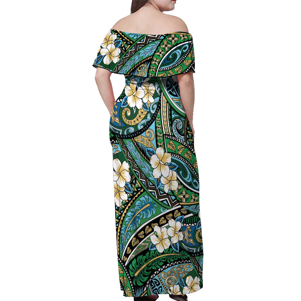 Polynesian Hibiscus Tropical Green Floral Off Shoulder Maxi Dress Tribal Pattern - Polynesian Pride