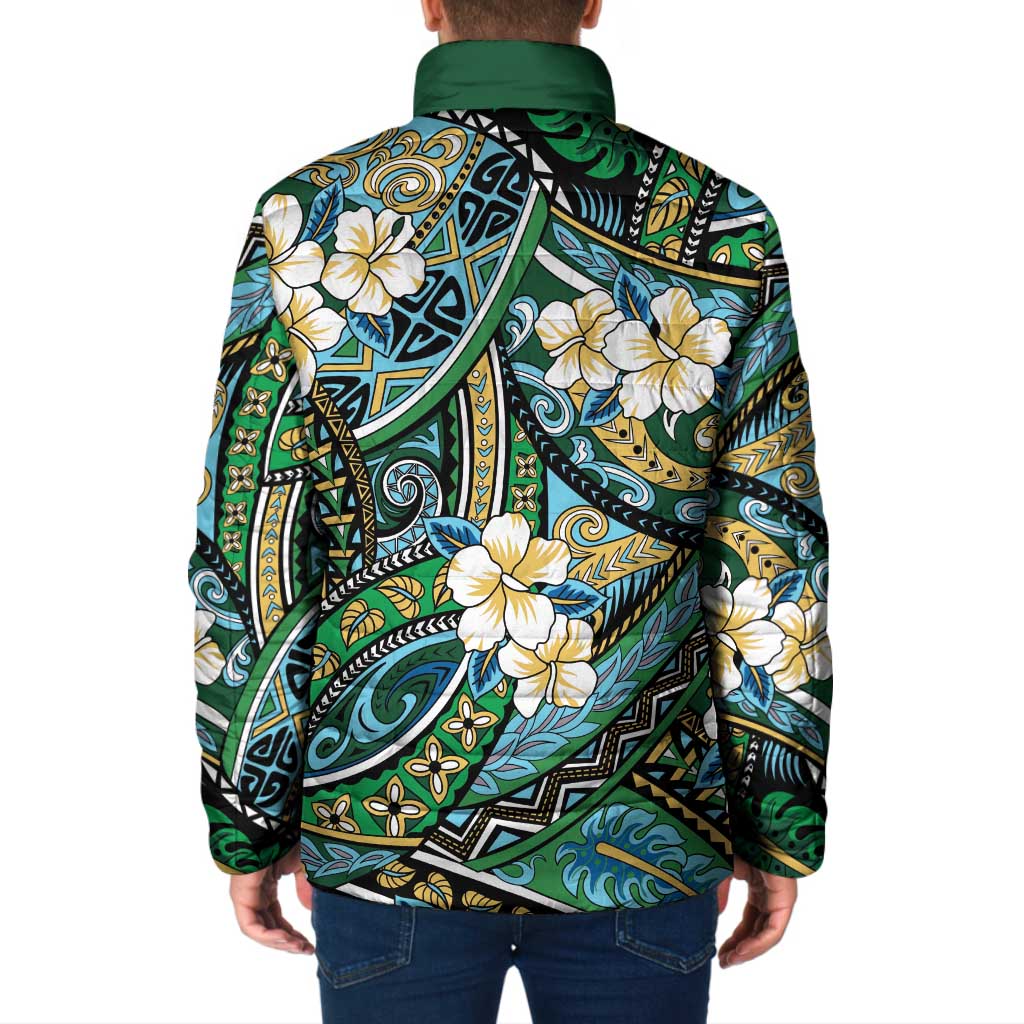 Polynesian Hibiscus Tropical Green Floral Padded Jacket Tribal Pattern - Polynesian Pride