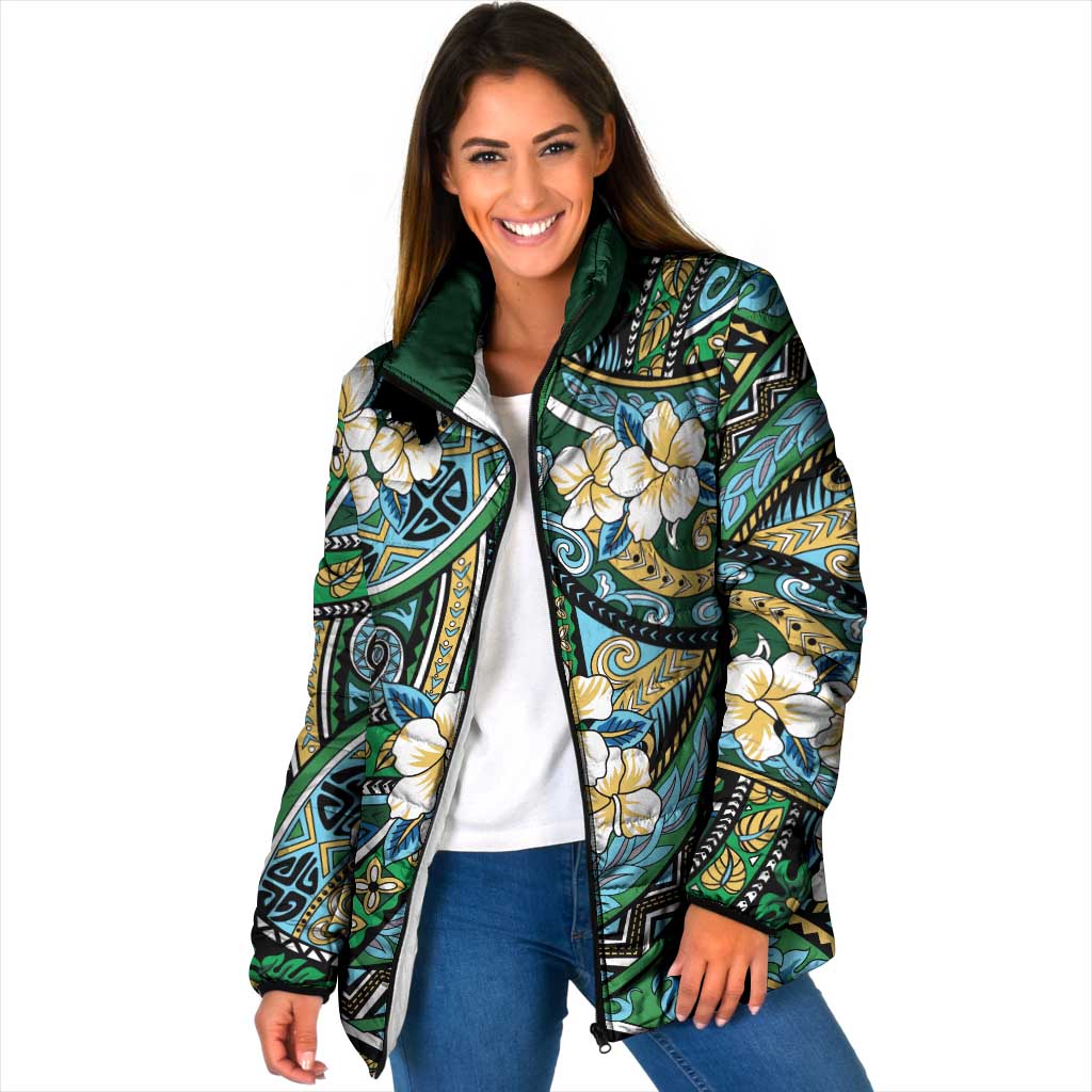 Polynesian Hibiscus Tropical Green Floral Padded Jacket Tribal Pattern - Polynesian Pride