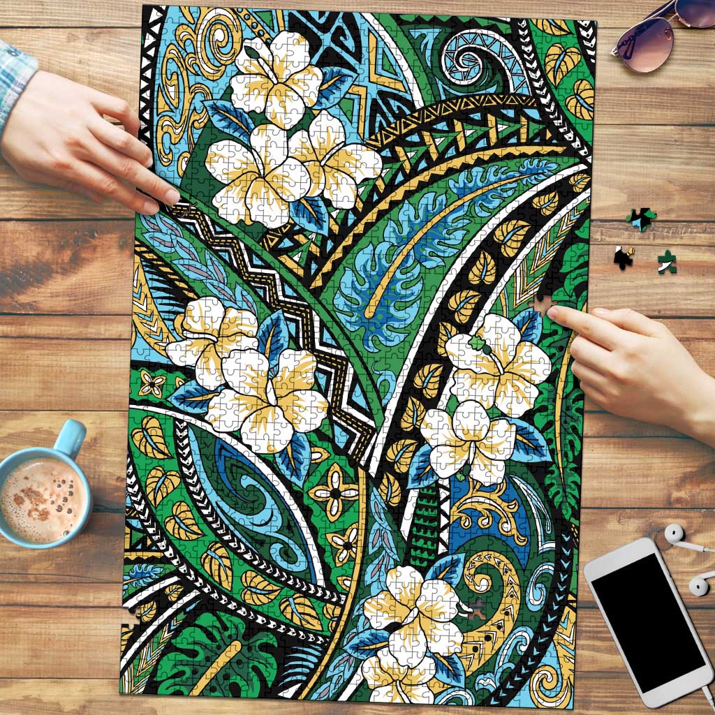 Polynesian Hibiscus Tropical Green Floral Puzzle Tribal Pattern - Polynesian Pride