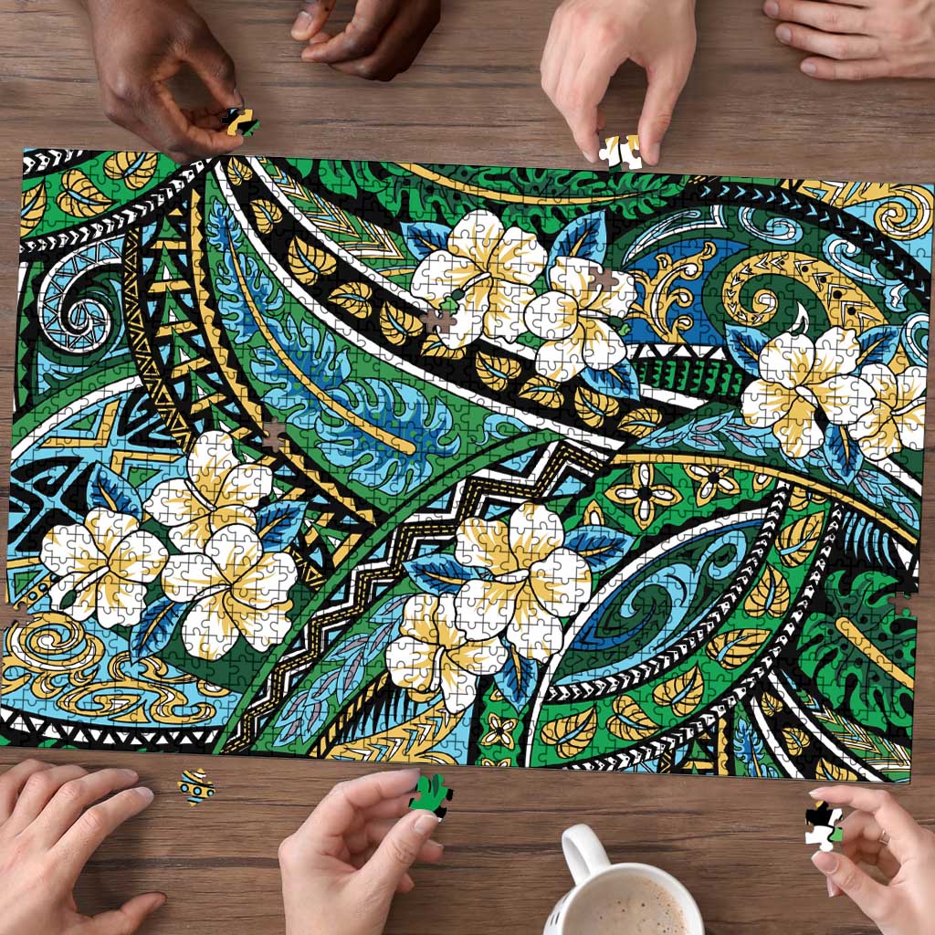 Polynesian Hibiscus Tropical Green Floral Puzzle Tribal Pattern - Polynesian Pride
