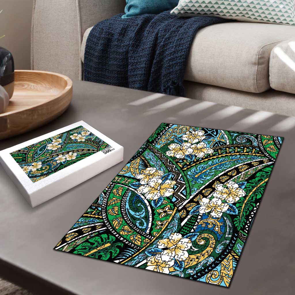 Polynesian Hibiscus Tropical Green Floral Puzzle Tribal Pattern - Polynesian Pride