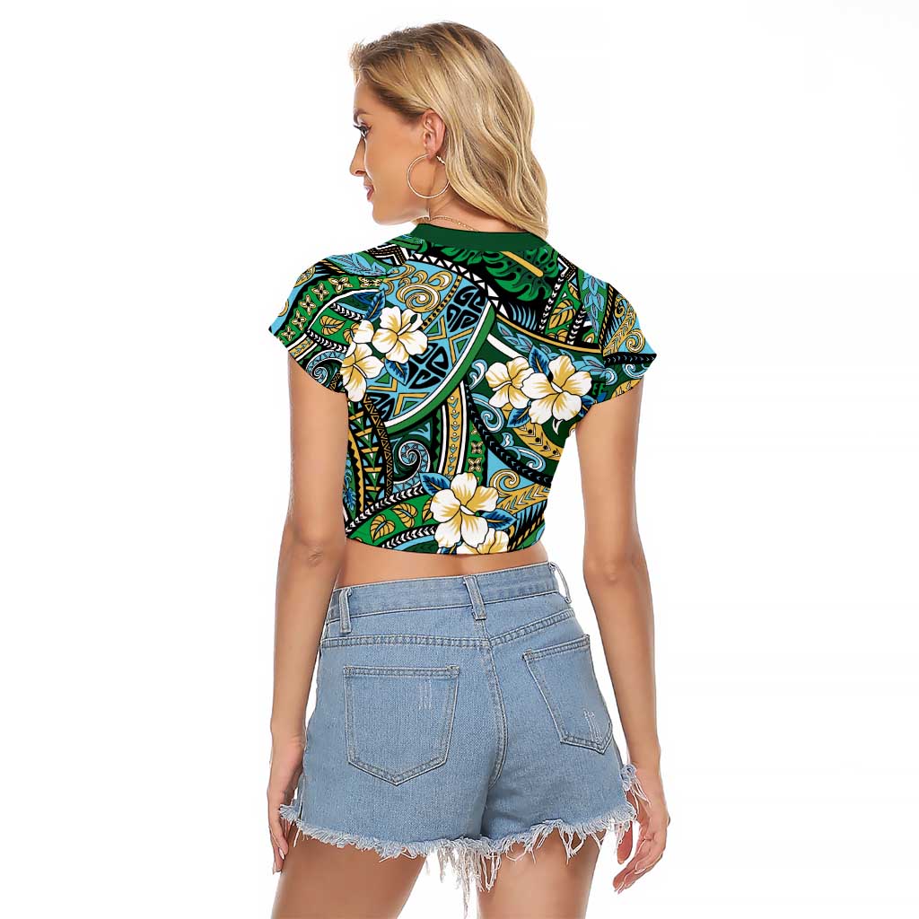 Polynesian Hibiscus Tropical Green Floral Raglan Cropped T Shirt Tribal Pattern LT01 - Polynesian Pride