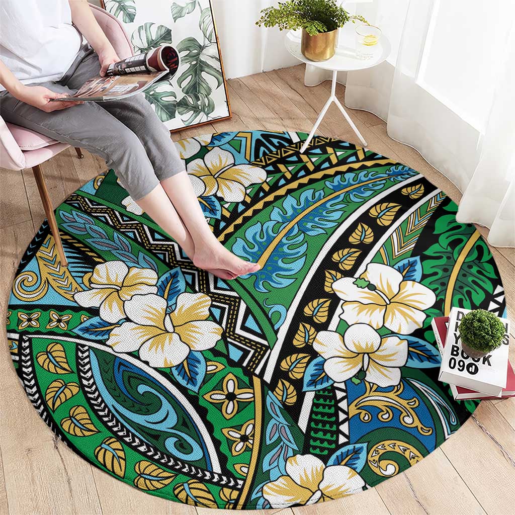 Polynesian Hibiscus Tropical Green Floral Round Carpet Tribal Pattern - Polynesian Pride