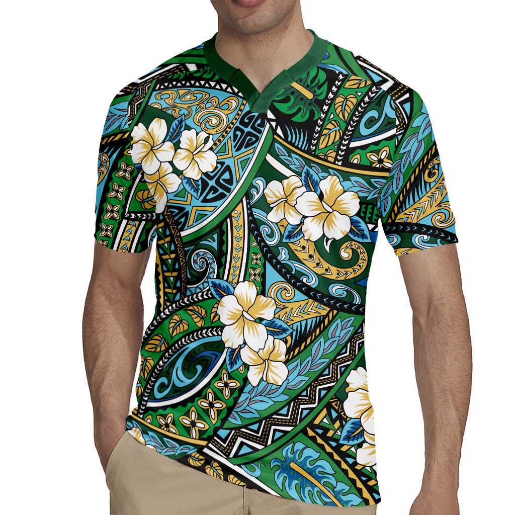Polynesian Hibiscus Tropical Green Floral Rugby Jersey Tribal Pattern - Polynesian Pride