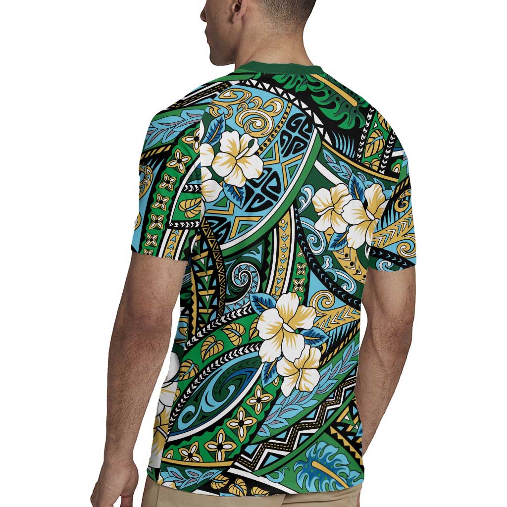 Polynesian Hibiscus Tropical Green Floral Rugby Jersey Tribal Pattern - Polynesian Pride
