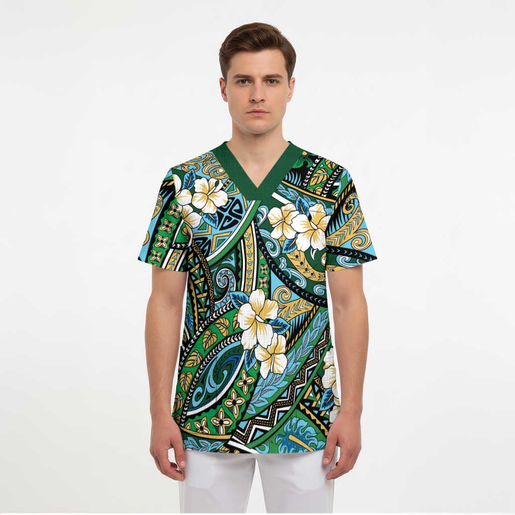 Polynesian Hibiscus Tropical Green Floral Scrub Top Tribal Pattern - Polynesian Pride