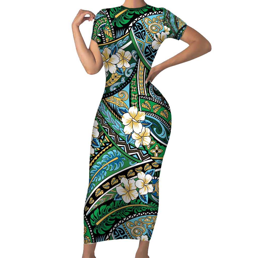Polynesian Hibiscus Tropical Green Floral Short Sleeve Bodycon Dress Tribal Pattern - Polynesian Pride