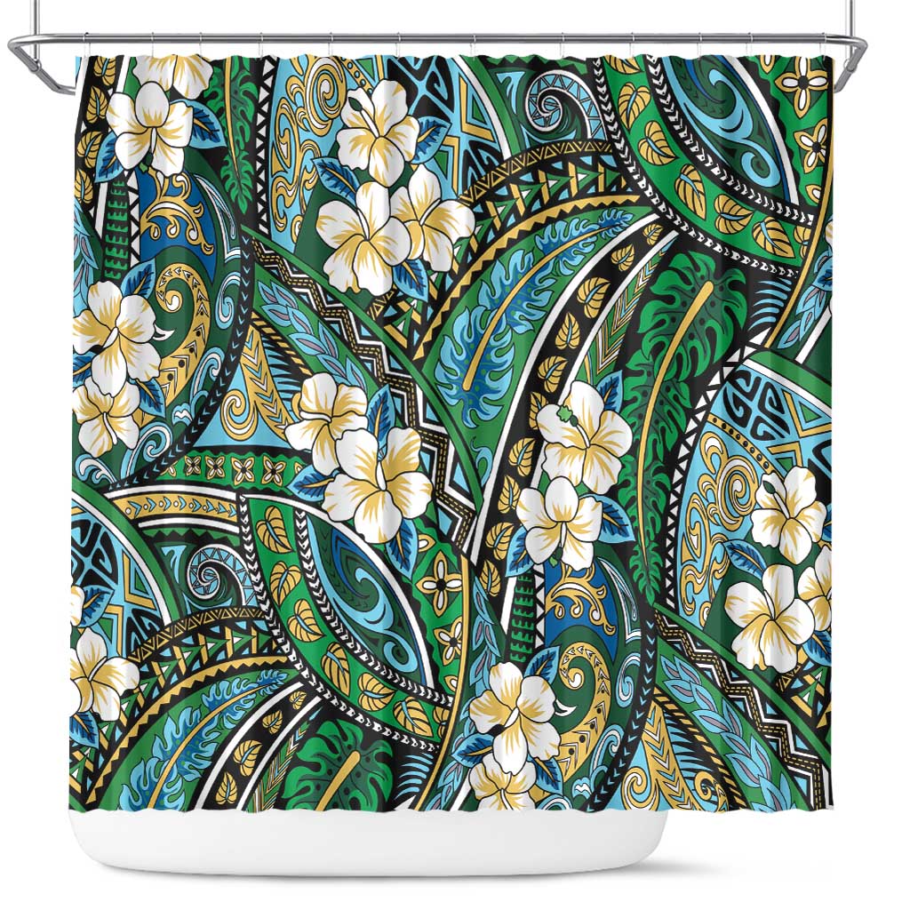 Polynesian Hibiscus Tropical Green Floral Shower Curtain Tribal Pattern - Polynesian Pride