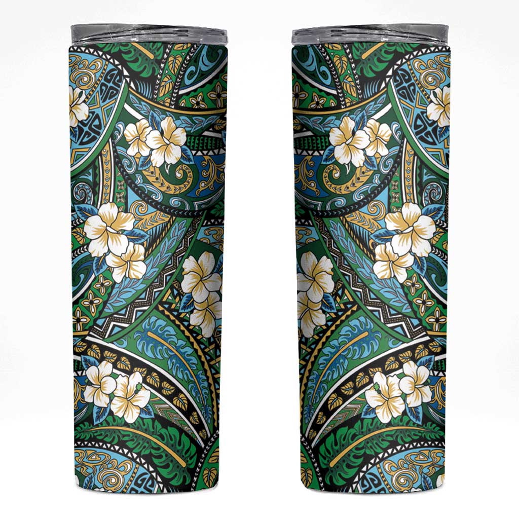 Polynesian Hibiscus Tropical Green Floral Skinny Tumbler Tribal Pattern - Polynesian Pride
