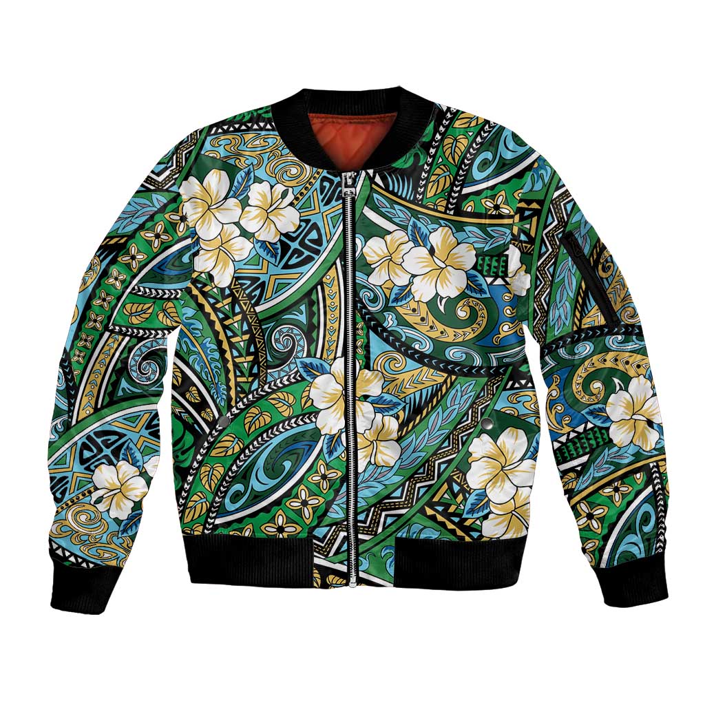 Polynesian Hibiscus Tropical Green Floral Sleeve Zip Bomber Jacket Tribal Pattern LT01 Unisex Green - Polynesian Pride