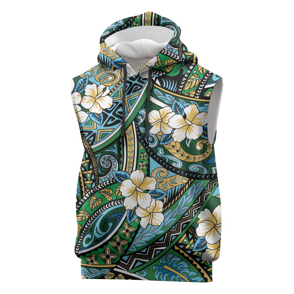 Polynesian Hibiscus Tropical Green Floral Sleeveless Hoodie Tribal Pattern - Polynesian Pride