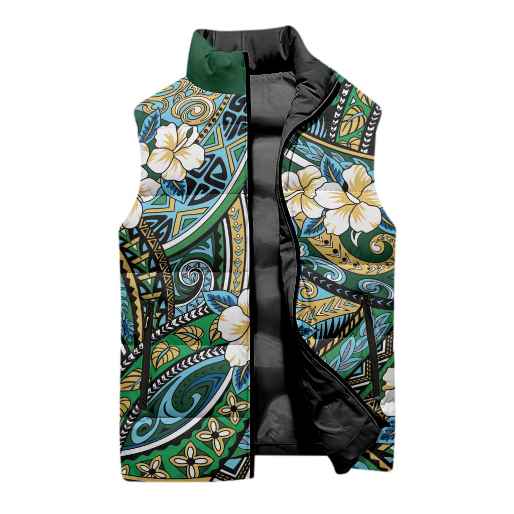 Polynesian Hibiscus Tropical Green Floral Sleeveless Puffer Jacket Tribal Pattern - Polynesian Pride