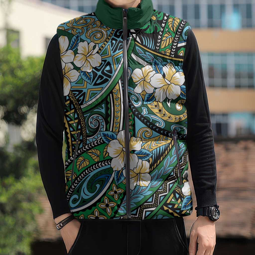 Polynesian Hibiscus Tropical Green Floral Sleeveless Puffer Jacket Tribal Pattern - Polynesian Pride