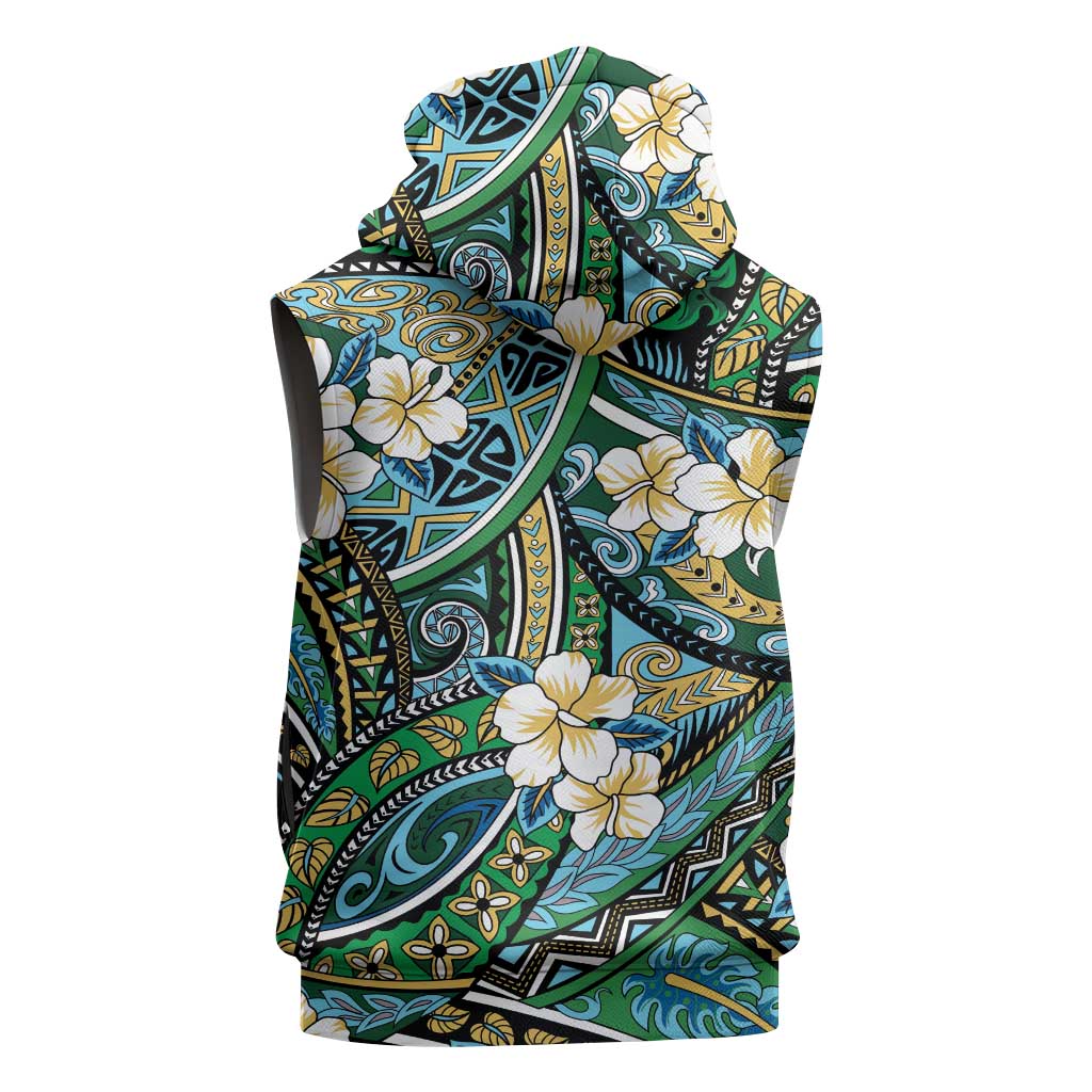 Polynesian Hibiscus Tropical Green Floral Sleeveless Zip Hoodie Tribal Pattern - Polynesian Pride