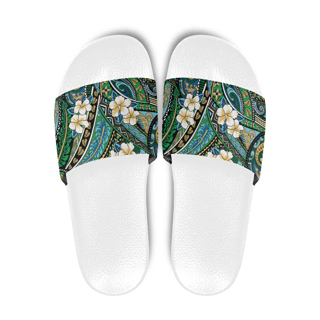 Polynesian Hibiscus Tropical Green Floral Slide Sandals Tribal Pattern - Polynesian Pride