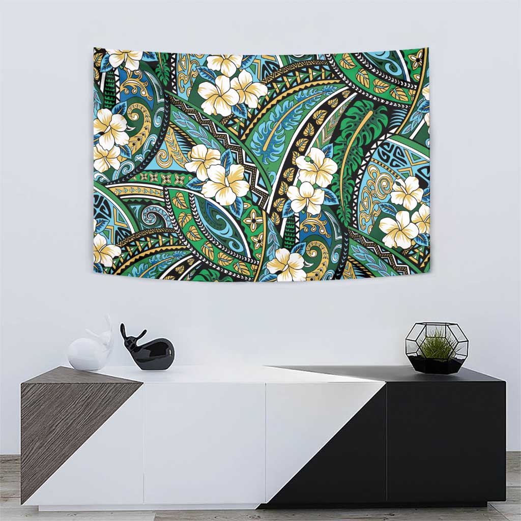 Polynesian Hibiscus Tropical Green Floral Tapestry Tribal Pattern - Polynesian Pride