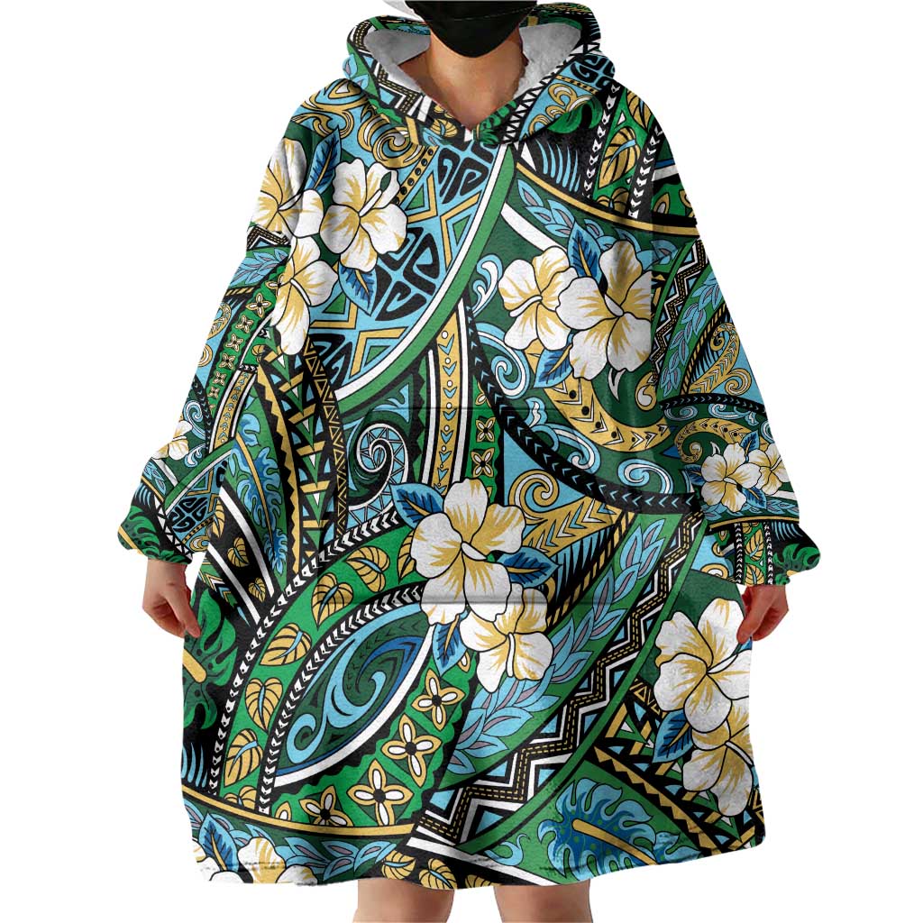 Polynesian Hibiscus Tropical Green Floral Wearable Blanket Hoodie Tribal Pattern LT01 - Polynesian Pride