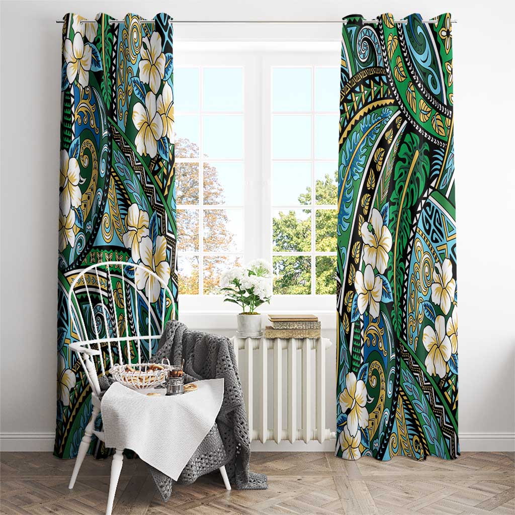 Polynesian Hibiscus Tropical Green Floral Window Curtain Tribal Pattern - Polynesian Pride