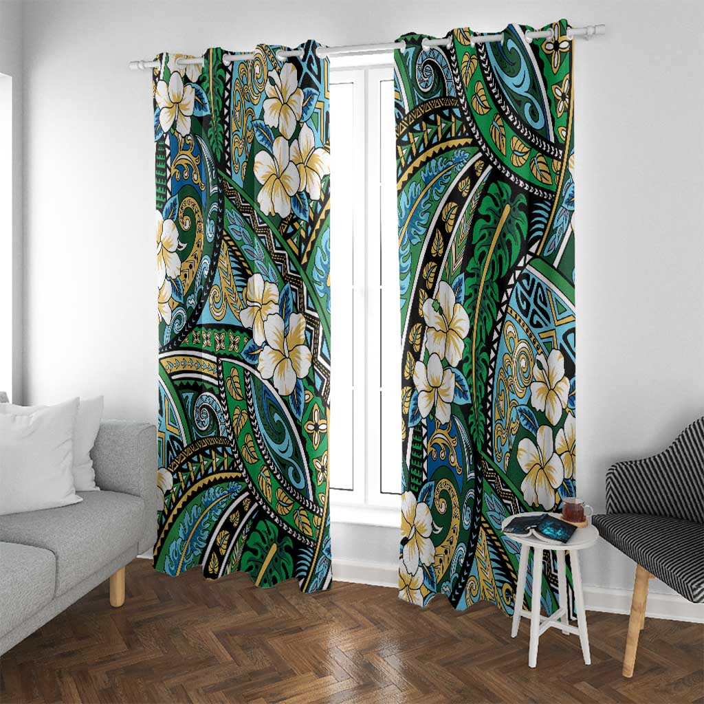 Polynesian Hibiscus Tropical Green Floral Window Curtain Tribal Pattern - Polynesian Pride