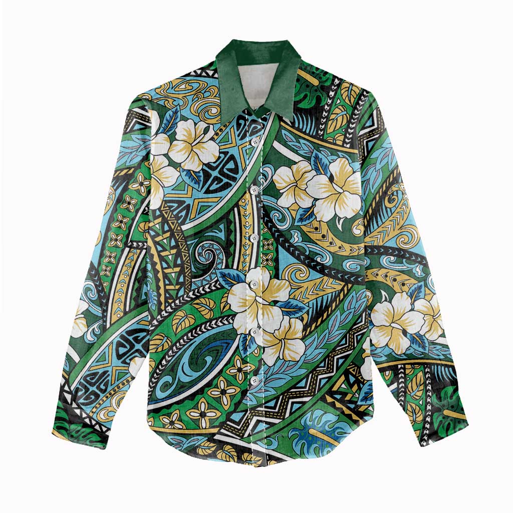 Polynesian Hibiscus Tropical Green Floral Women Casual Shirt Tribal Pattern - Polynesian Pride