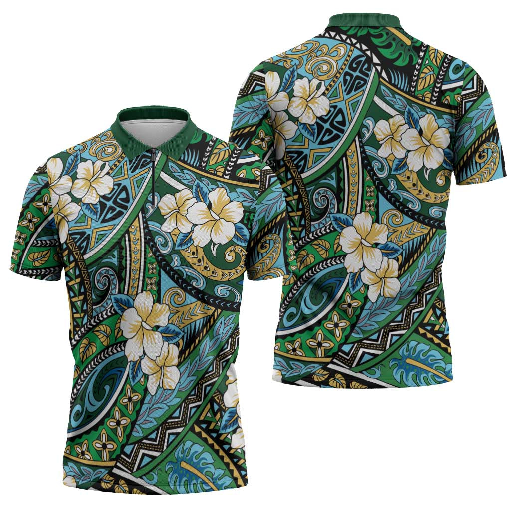 Polynesian Hibiscus Tropical Green Floral Zipper Polo Shirt Tribal Pattern - Polynesian Pride