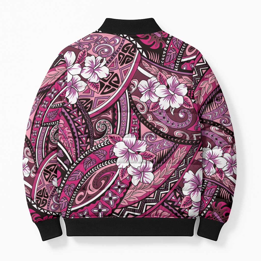 Polynesian Hibiscus Tropical Pink Floral Bomber Puffer Jacket Tribal Pattern - Polynesian Pride