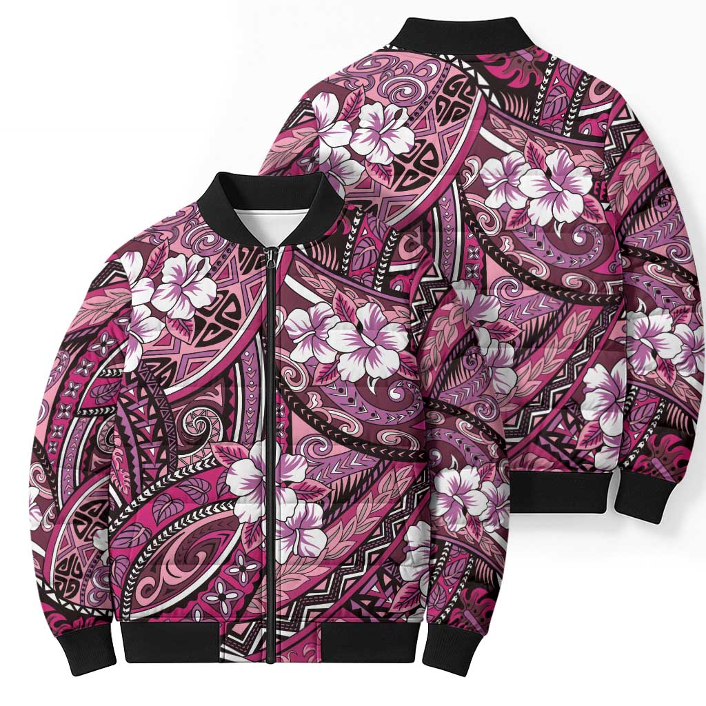 Polynesian Hibiscus Tropical Pink Floral Bomber Puffer Jacket Tribal Pattern - Polynesian Pride
