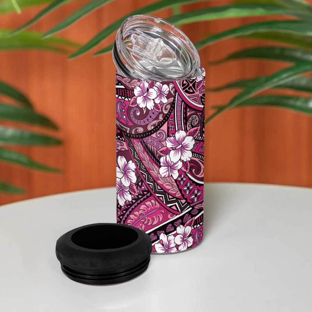 Polynesian Hibiscus Tropical Pink Floral 4 in 1 Can Cooler Tumbler Tribal Pattern - Polynesian Pride