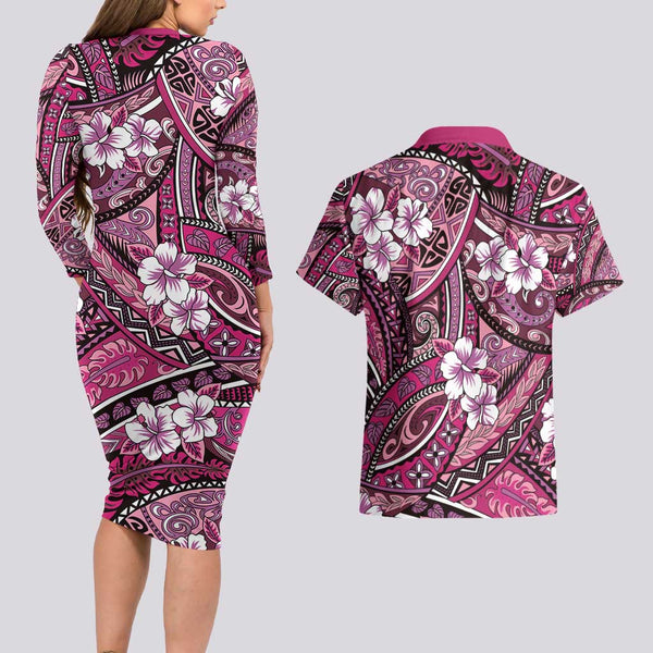 Polynesian Pride Hawaii Matching Outfit For Couples Polynesian Tribal Purple Bodycon Dress And Hawaii Shirt