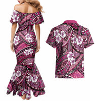 Polynesian Hibiscus Tropical Pink Floral Couples Matching Mermaid Dress and Hawaiian Shirt Tribal Pattern - Polynesian Pride