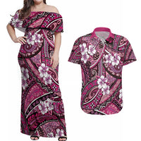 Polynesian Hibiscus Tropical Pink Floral Couples Matching Off Shoulder Maxi Dress and Hawaiian Shirt Tribal Pattern - Polynesian Pride