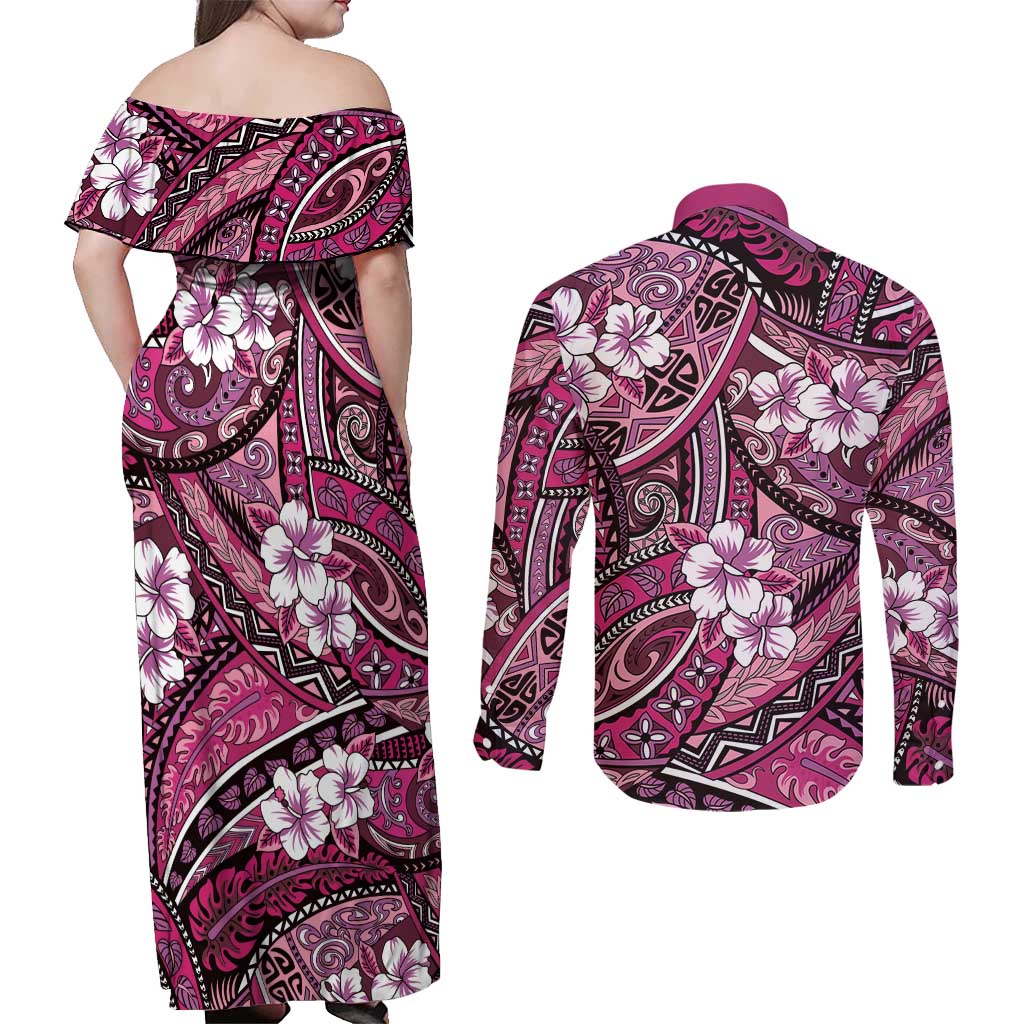 Polynesian Hibiscus Tropical Pink Floral Couples Matching Off Shoulder Maxi Dress and Long Sleeve Button Shirt Tribal Pattern LT01 - Polynesian Pride